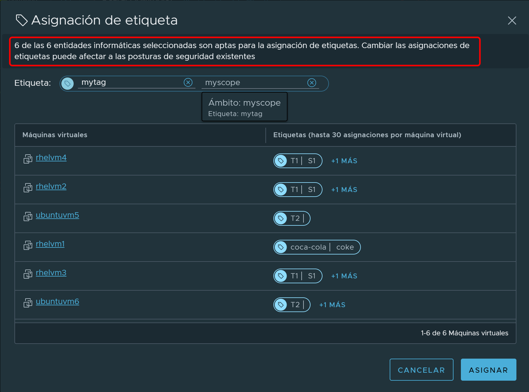 Cuadro de diálogo Asignación de etiqueta con una lista de las máquinas virtuales preseleccionadas para la asignación de etiquetas.