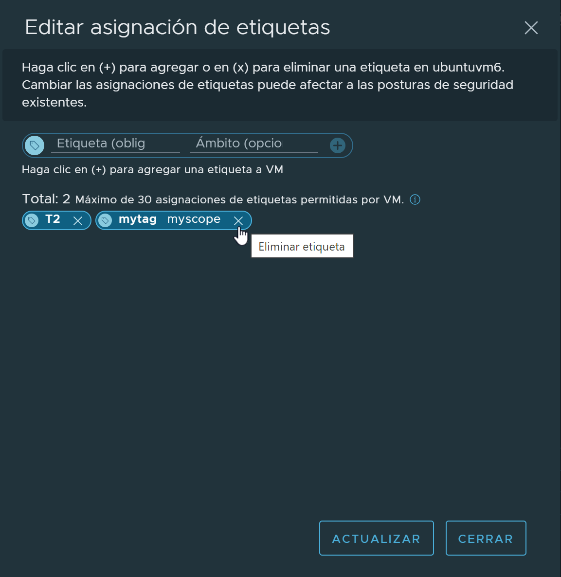 Cuadro de diálogo Editar asignación de etiquetas con la etiqueta asignada seleccionada para su eliminación.