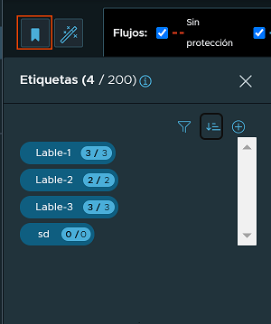 Captura de pantalla del panel Etiqueta con el icono Etiqueta rodeado por un círculo de color rojo. En el panel aparecen dos etiquetas, Label-1 y Label-2.