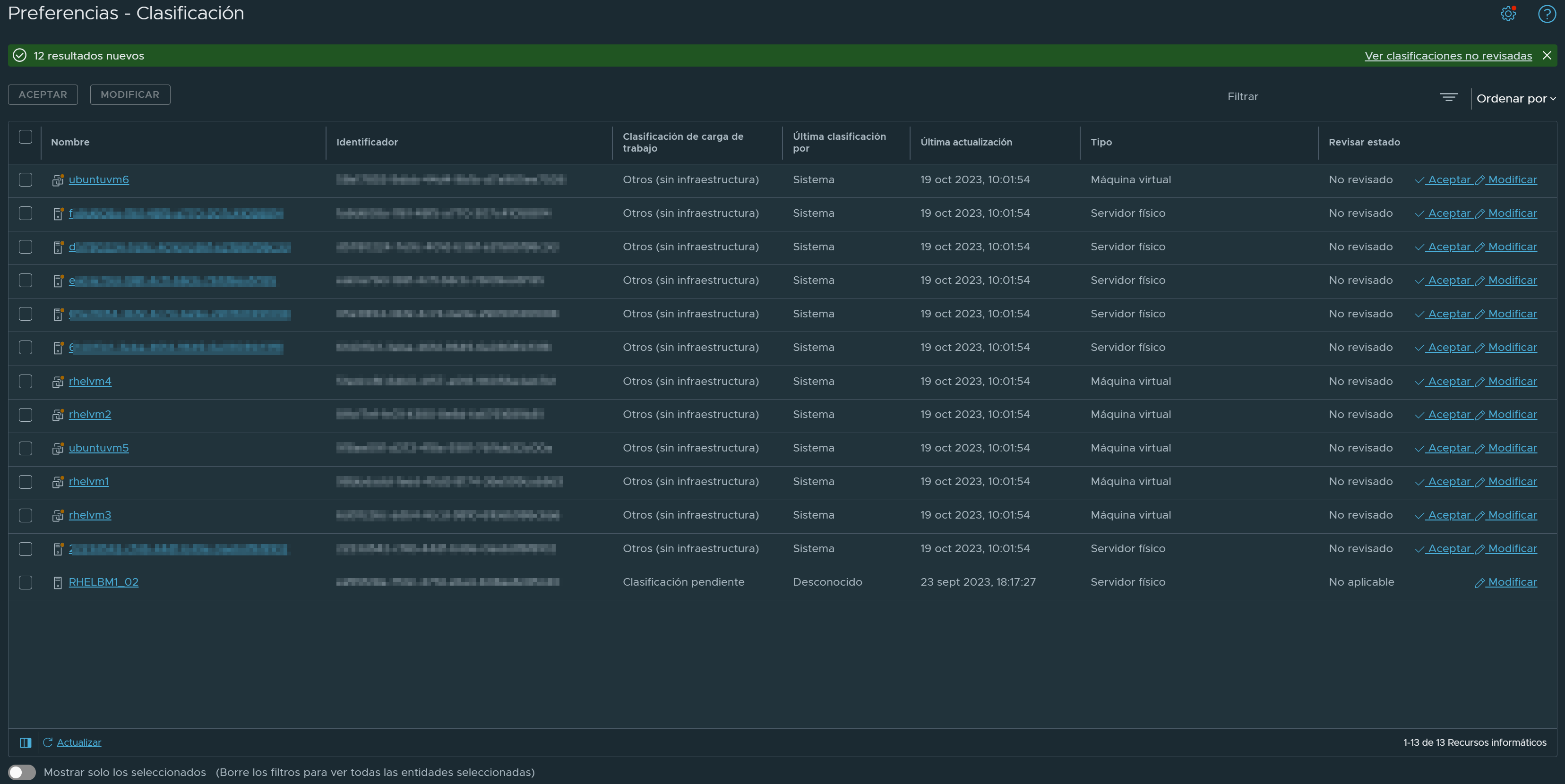 Imagen de la tabla Clasificaciones de la página Planificar y solucionar problemas > Configuraciones de la interfaz de usuario.