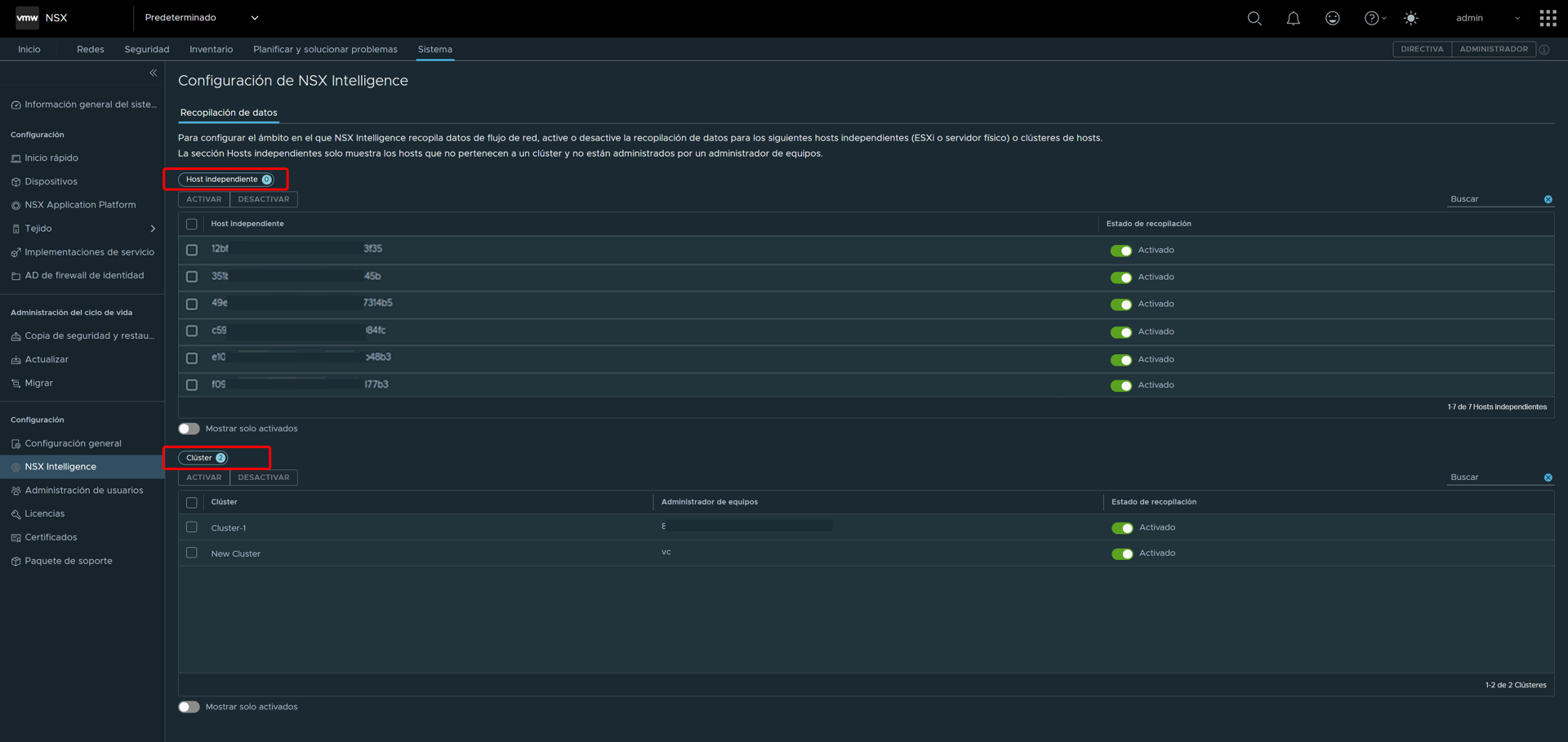 Interfaz de usuario de recopilación de datos de configuración de NSX Intelligence