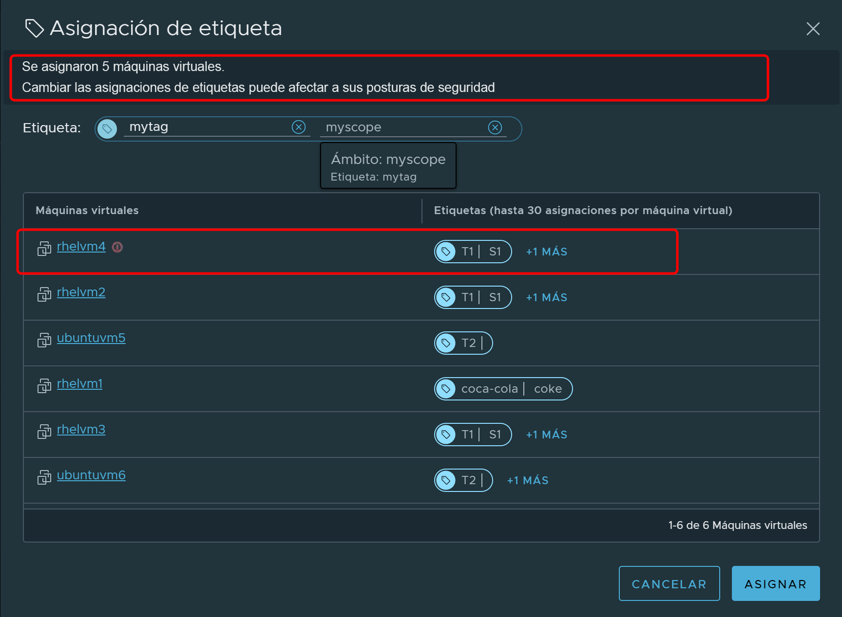 Cuadro de diálogo Asignación de etiqueta cuando se produce un error durante la asignación de etiquetas a varias máquinas virtuales.