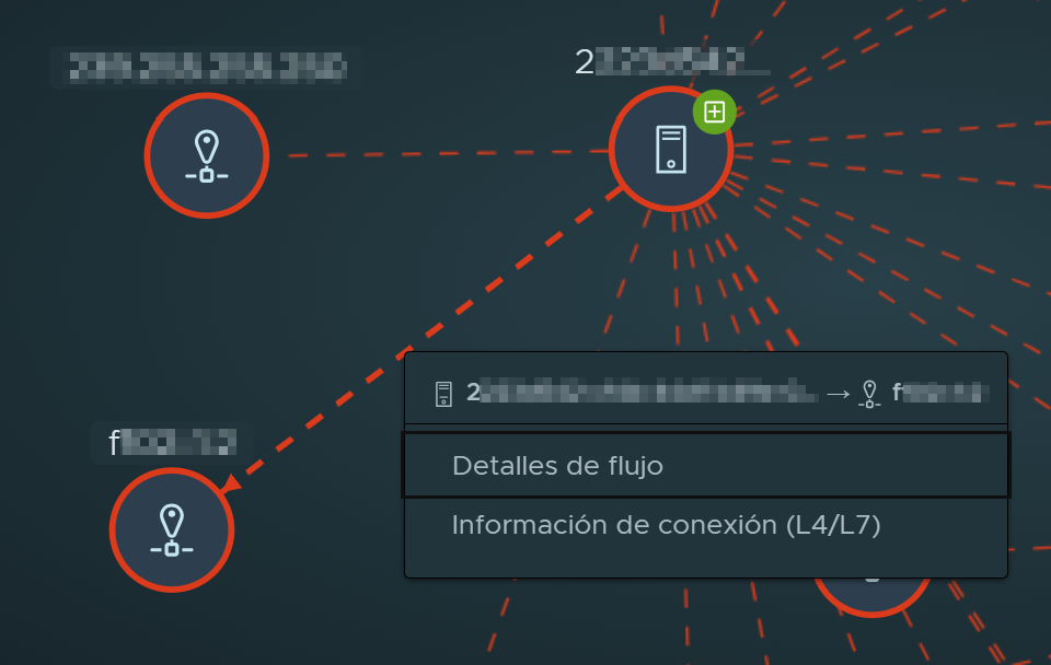 Menú contextual al hacer clic con el botón secundario en la línea de flujo en la vista Recursos informáticos