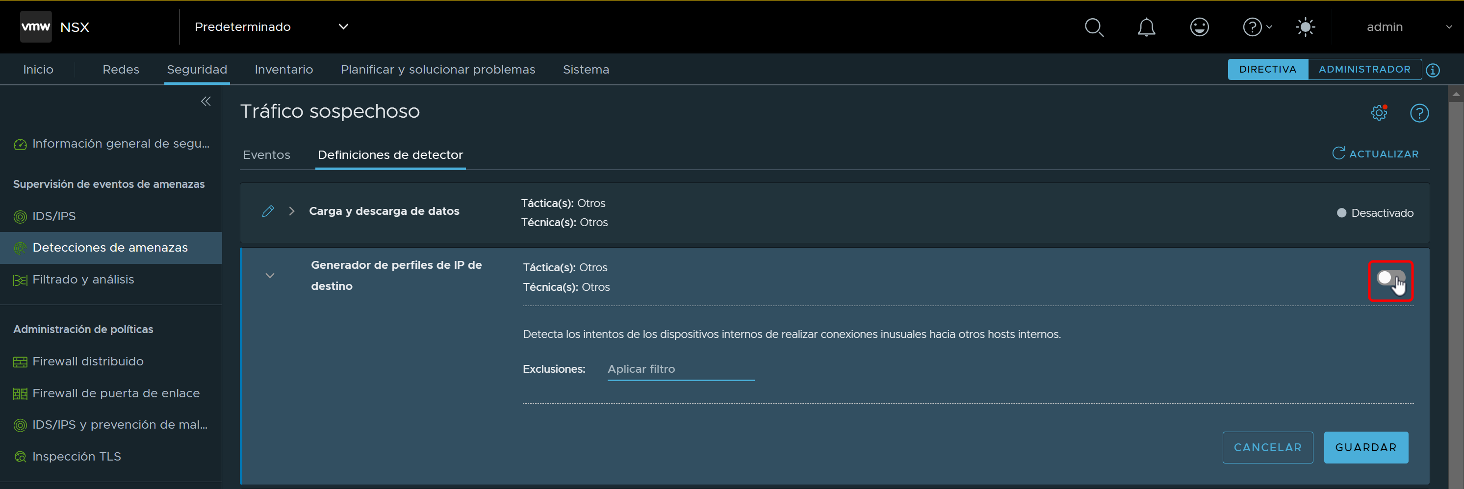 Captura de pantalla de la pestaña Definiciones de detector en la interfaz de usuario de Tráfico sospechoso.