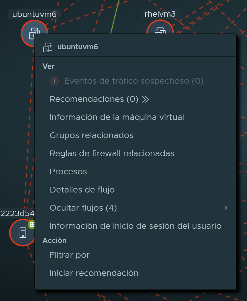 Menú contextual de las acciones disponibles que puede realizar al hacer clic con el botón secundario en un nodo de entidad informática. Cada una de las acciones se describe en la tabla que sigue a esta imagen.