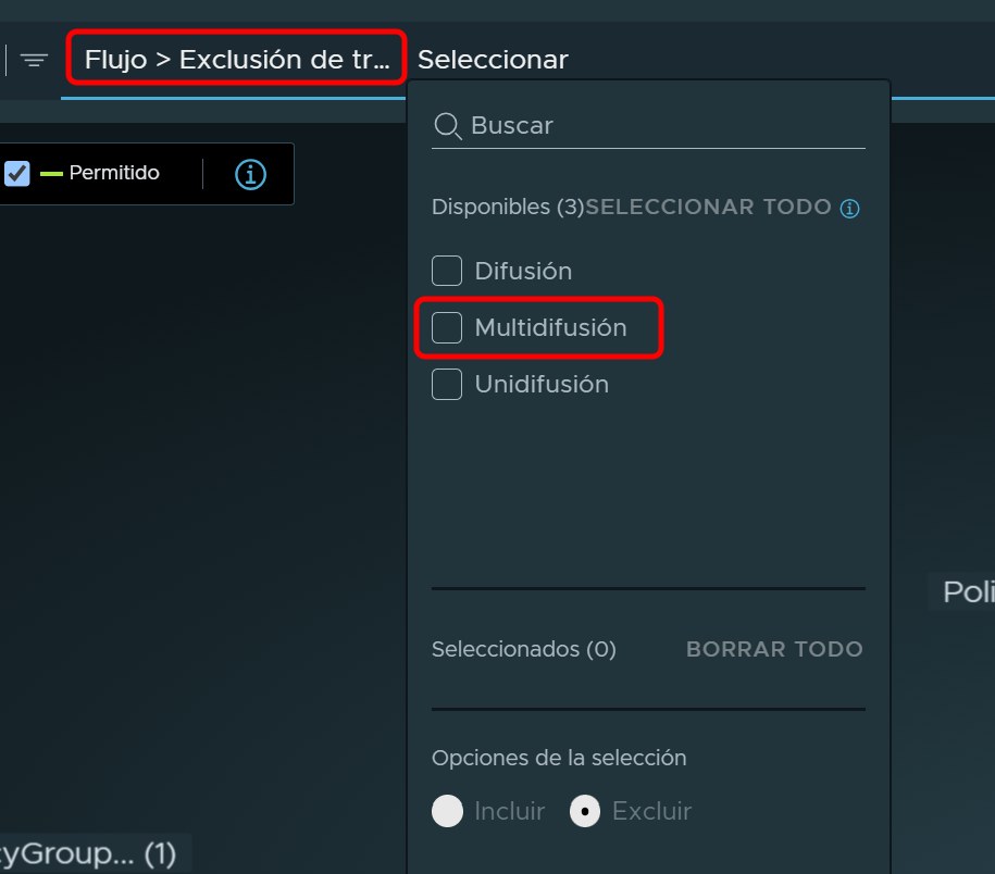 Filtro establecido en Flujo > Exclusión de tráfico. La multidifusión es un tipo de tráfico que se puede seleccionar y se puede excluir para que no se muestre.