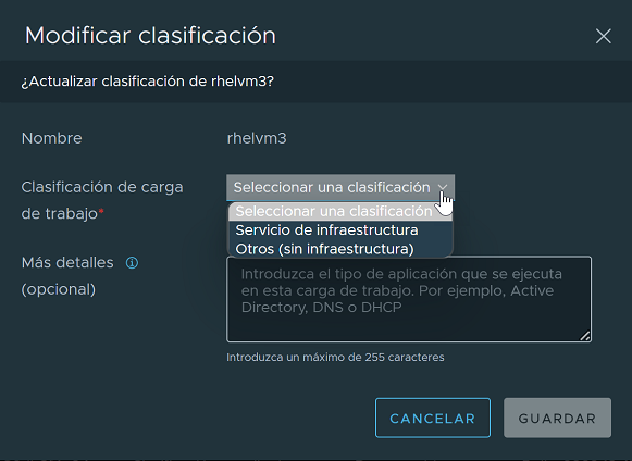 Imagen del modo Modificar clasificación en el que se pueden modificar los detalles sobre la entidad informática actualmente seleccionada.