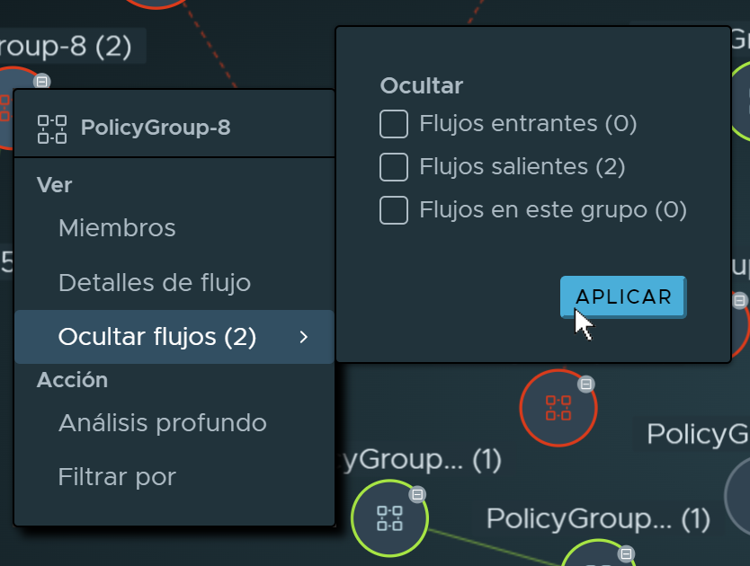 Hide flows meni item selected on a node and the sub-menu of flow types is displayed.