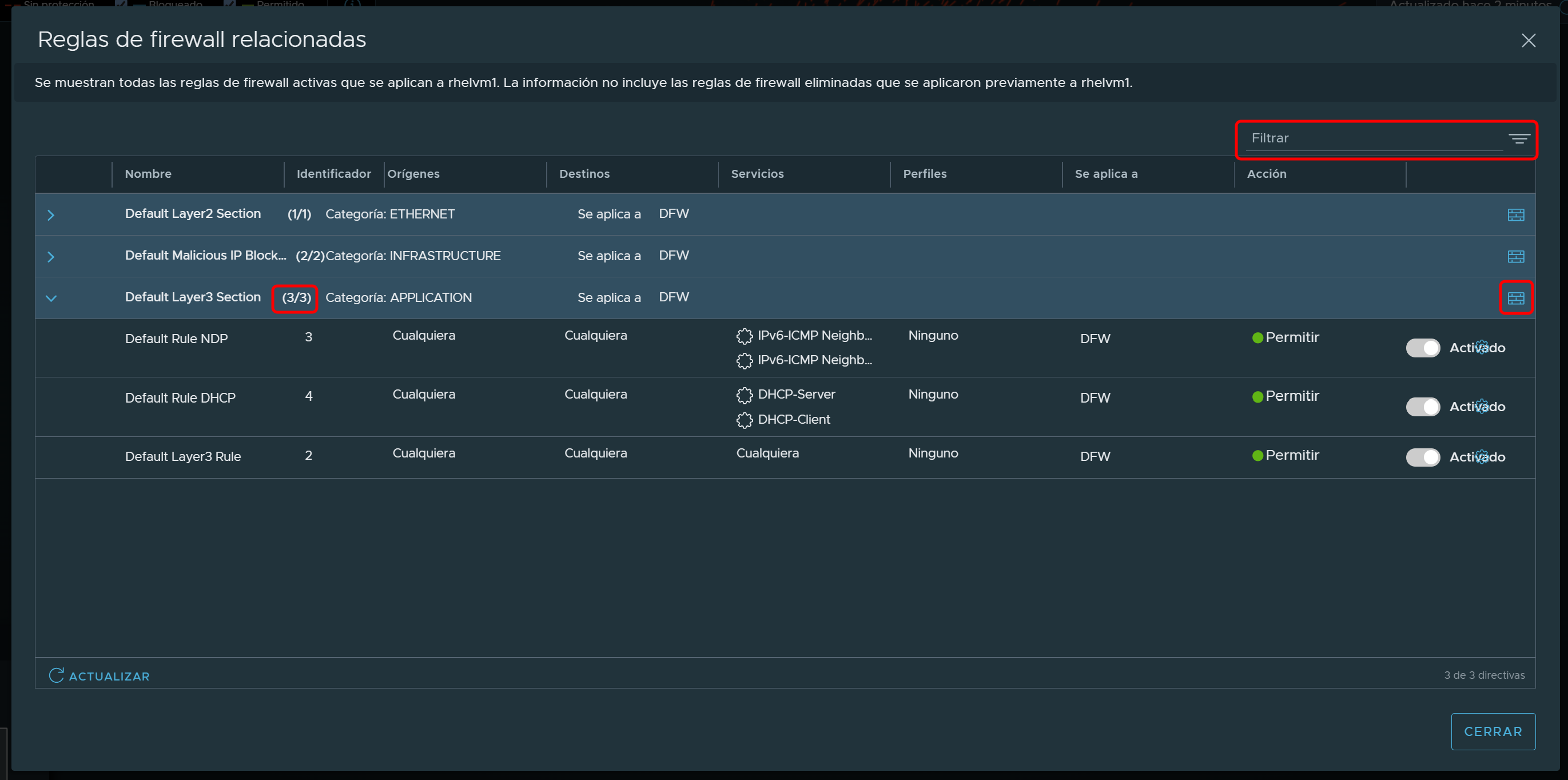 Related firewall Rules dialog box for the ubuntuvm6 VM. The SecurityPolicy-1 row is expanded to display 1 of 2 rules that belong to the policy.