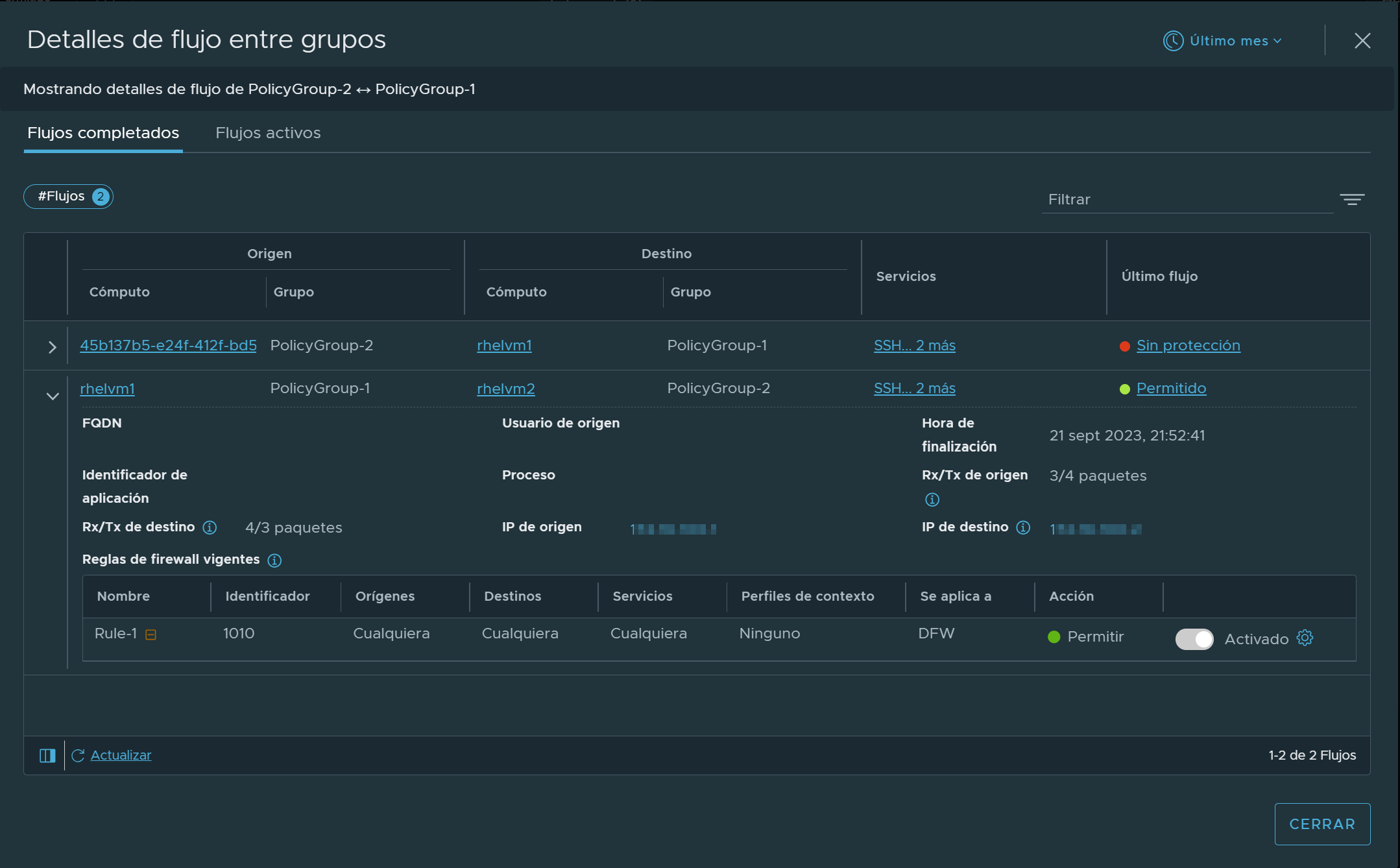 Flow Details Between Groups dialog box for two groups