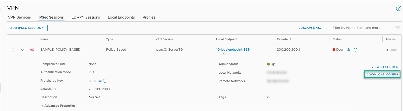 Botón Descargar configuración de la página Sesiones de VPN de IPSec en el extremo izquierdo