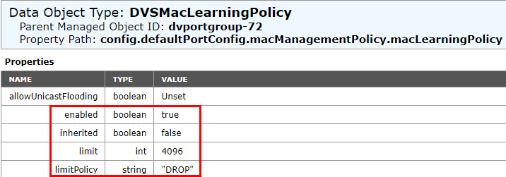 Propiedades del tipo de objeto DVSMacLearningPolicy