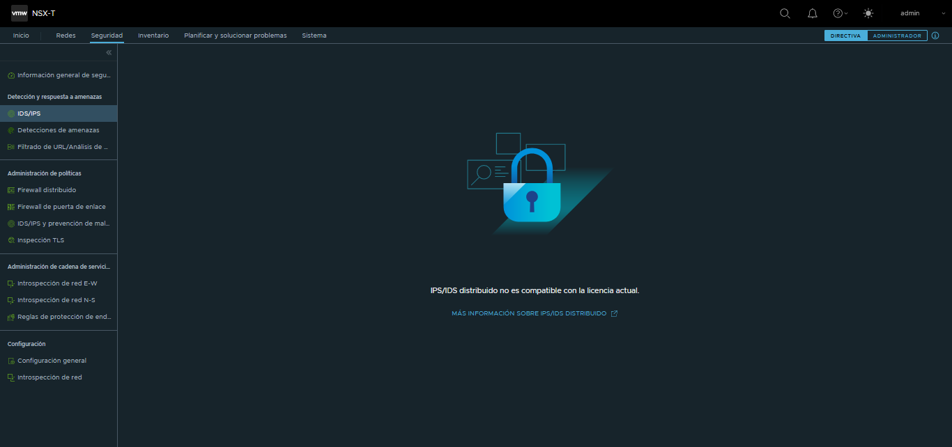 Pestaña Seguridad - IDS/IPS distribuido mostrando un mensaje que aparece si la licencia actual no permite el acceso a la función a la que se quiere acceder.
