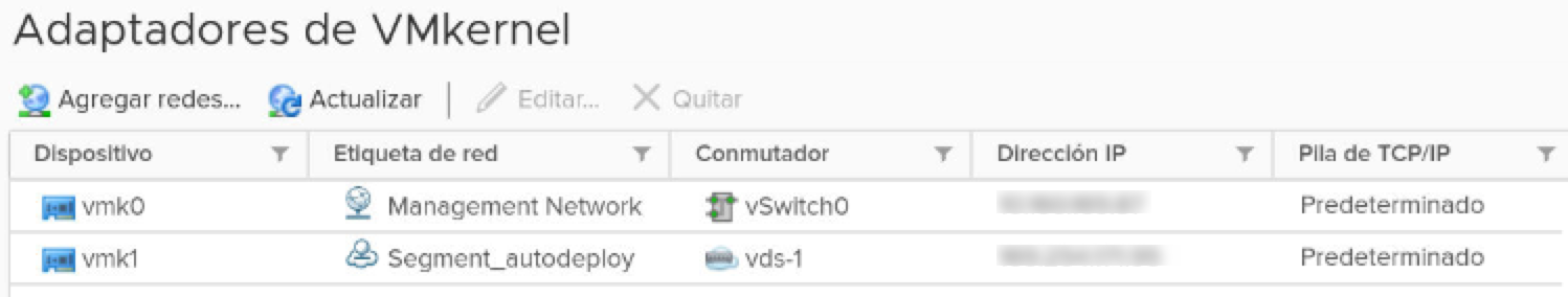 En la ventana de adaptadores de VMkernel, verifique que los adaptadores de PNIC y VMkernel se migraron al conmutador N-VDS.