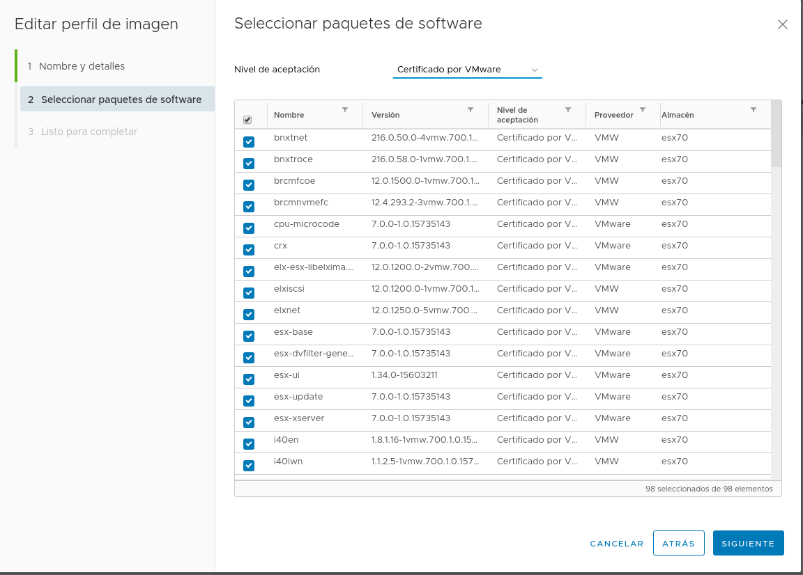 Seleccione paquetes de software en el almacén de software personalizado.