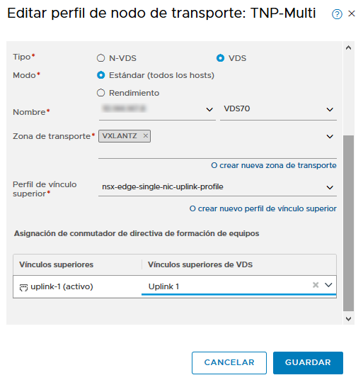 Para agregar un perfil de nodo de transporte, seleccione el tipo de conmutador de host, el modo, el nombre, la zona de transporte y el perfil de vínculo superior, y asigne vínculos superiores a VDS.