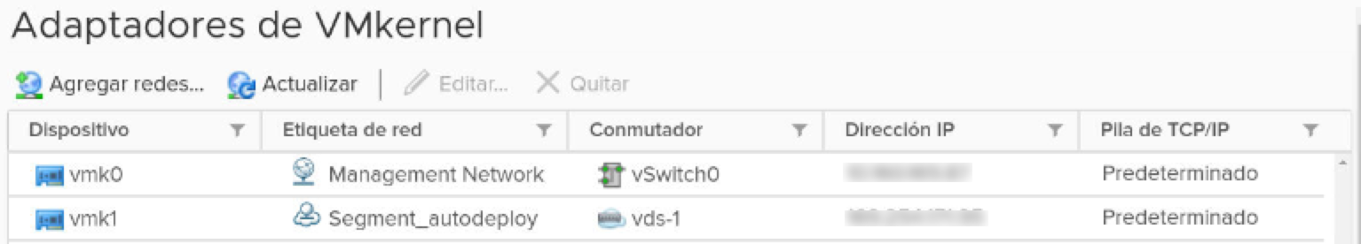 En la ventana de adaptadores de VMkernel, verifique que las NIC físicas o los adaptadores de VMkernel estén adjuntos al conmutador de N-VDS.