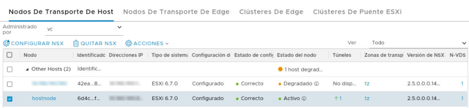 En la página Nodo de transporte de host, consulte los hosts de referencia que están preparados como nodos de transporte.