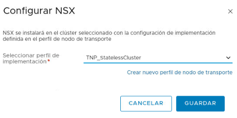 En la ventana Configurar NSX, seleccione y aplique un perfil de nodo de transporte al clúster de destino.