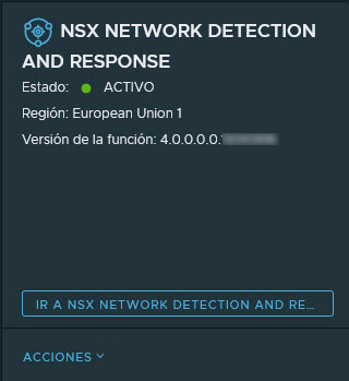 Tarjeta de función para NSX Network Detection and Response después de la activación. Se proporciona más información en el texto adyacente.
