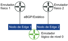 Enrutamiento Multipath de igual coste con dos vínculos de carga al enrutador lógico de nivel 0 de cada nodo de Edge de un clúster.