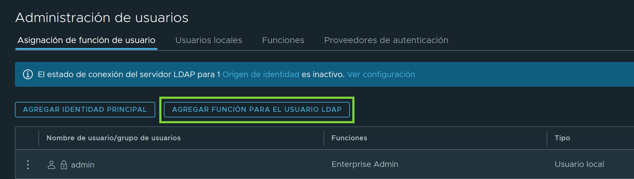 El botón Agregar función para usuario de LDAP aparece resaltado en la página Asignación de función de usuario.