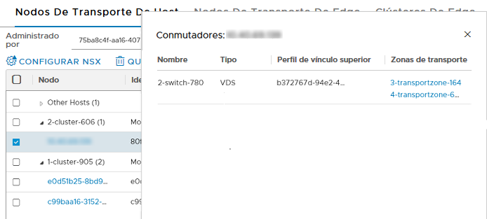 Al seleccionar el nodo de transporte, se mostrarán los detalles del conmutador VDS junto con su perfil de vínculo superior asociado y las zonas de transporte.