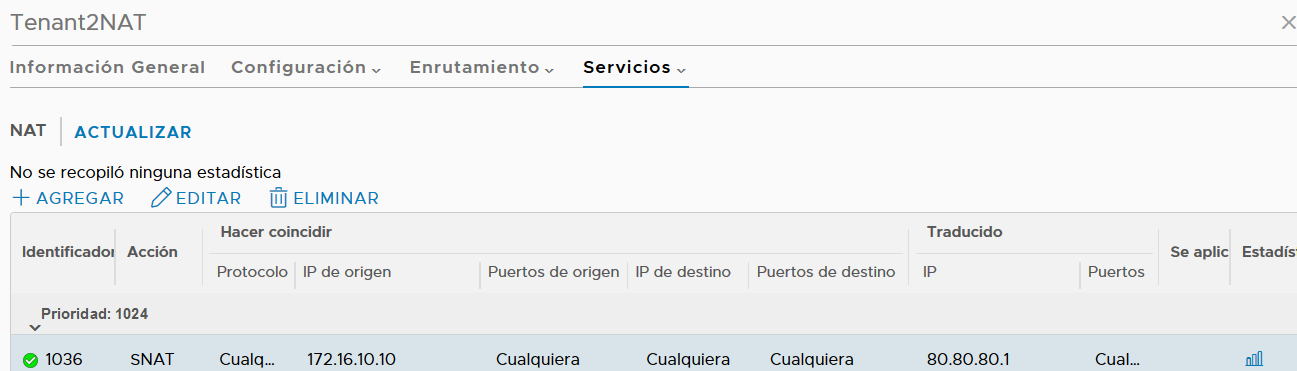 NSX Manager mostrando información de NAT