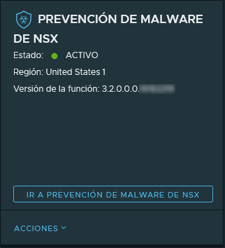 La tarjeta de la función Prevención de malware de NSX después de activarse correctamente. El texto adyacente describe la imagen.