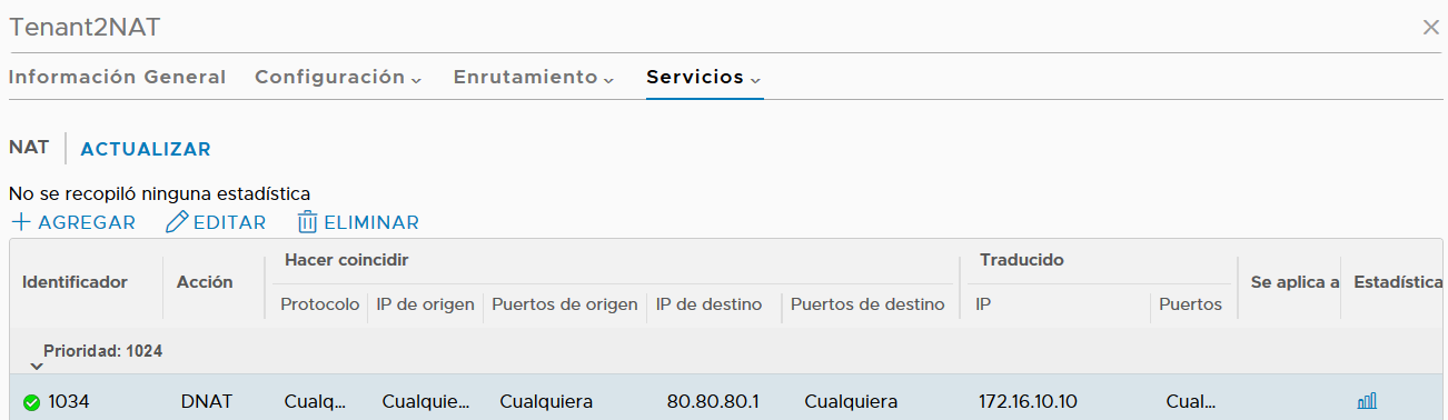 NSX Manager mostrando información de NAT