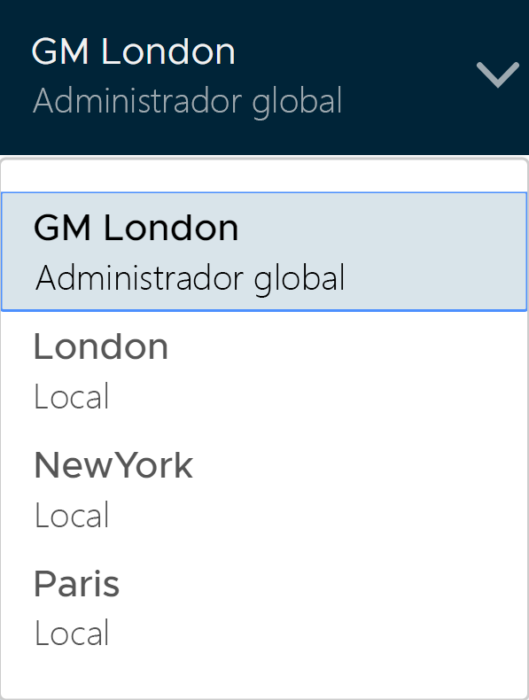 Muestra el menú desplegable de Global Manager con los clústeres de Local Manager.