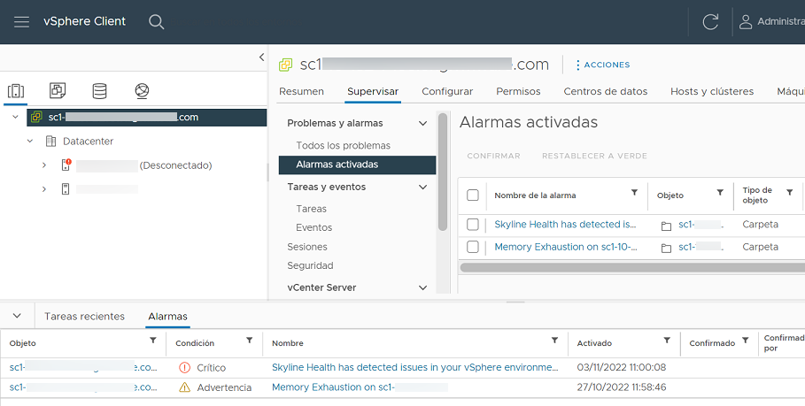 Visualice las alarmas activadas en vSphere Web Client.