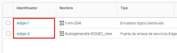 Los identificadores de Edge de las instancias de Edge de NSX for vSphere aparecen resaltados.