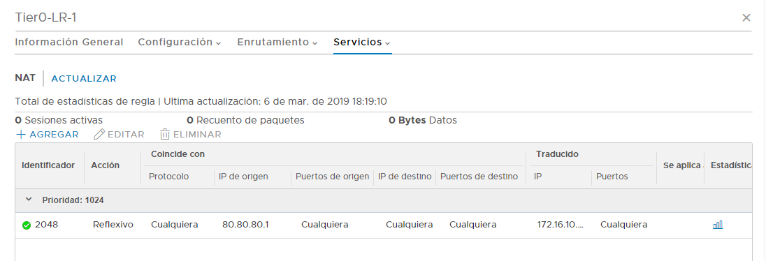 Muestra la ventana NAT > Servicios con la nueva regla en la primera posición de la fila Estadísticas de reglas totales con el estado activo de color verde.