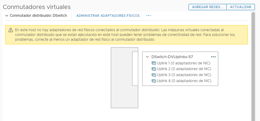 El conmutador de NSX no tiene ninguna vmnic ni ningún vmk configurados.