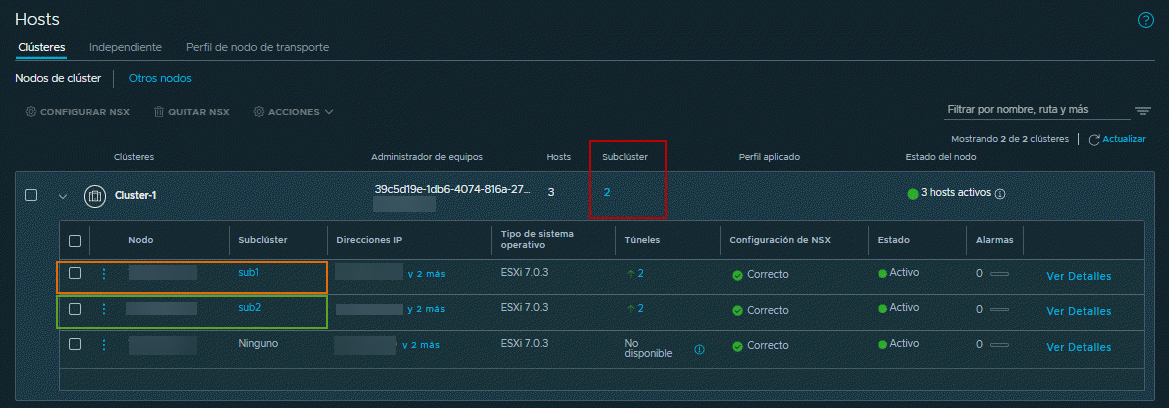 En la pestaña Clústeres, puede establecer subclústeres y también conocer los hosts de clúster que pertenecen a subclústeres.