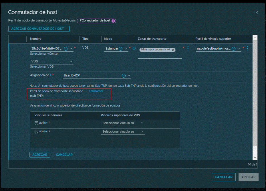 Configure conmutadores de host para un perfil de nodo de transporte.