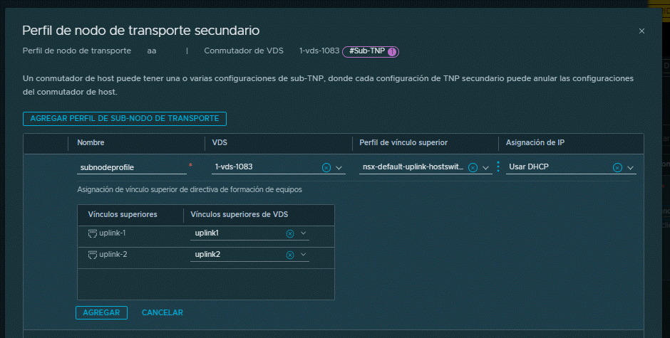 Agregue un perfil de subnodo de transporte que se aplicará a un subclúster.