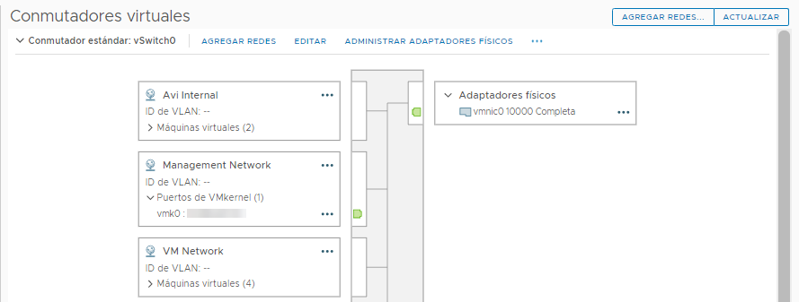 Tanto vmk0 como vmk1 se conectan a vSwitch, y vmnic0 y vmnic1 se configuran como vínculo superior 1 y vínculo superior 2 en el vSwitch.