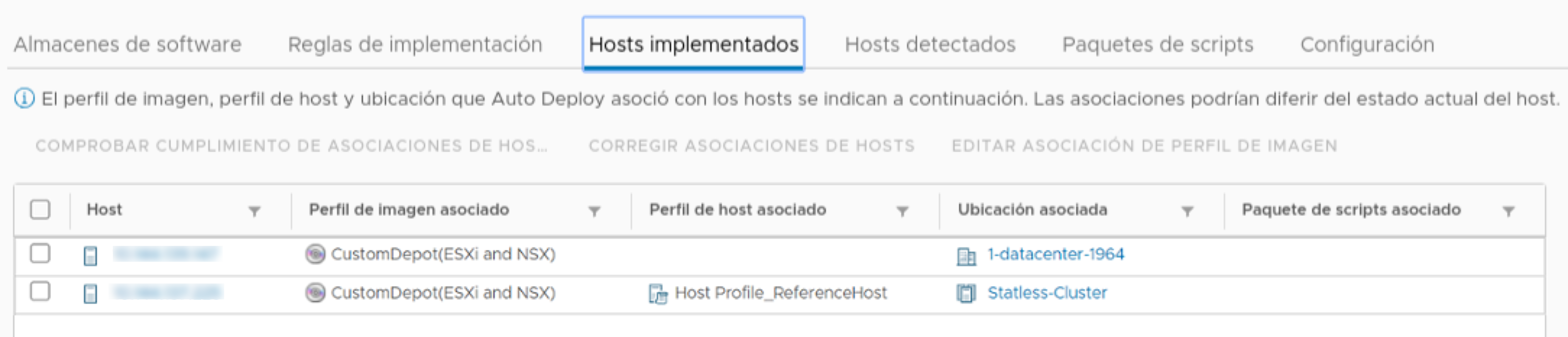 Seleccione un host para que la corrección fuerce la actualización de la imagen y el perfil del host al host de destino.