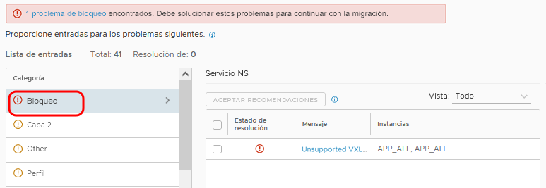 La figura muestra problemas de bloqueo en la página Resolver configuración.