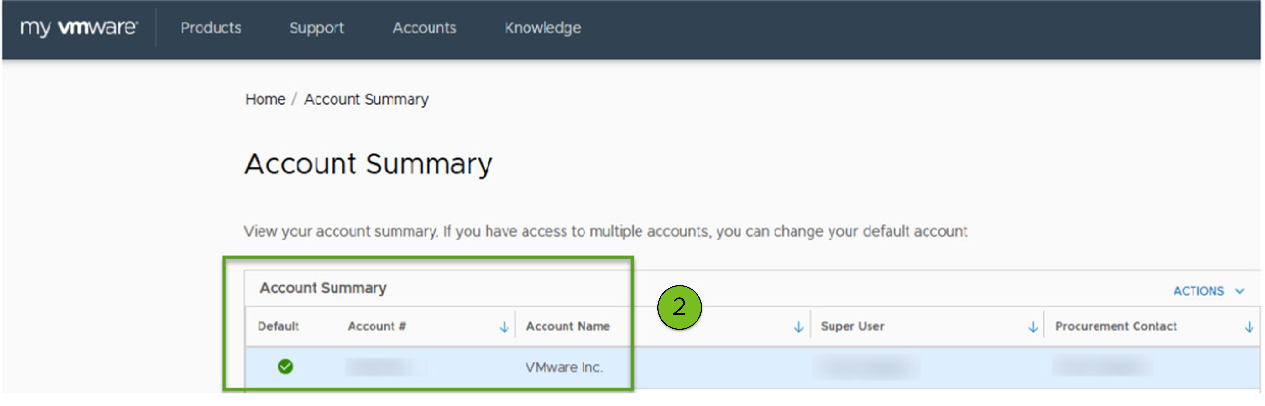 Sitio web: Botón de enlace rápido Administrar cuentas (Manage Accounts) en customerconnect.vmware.com