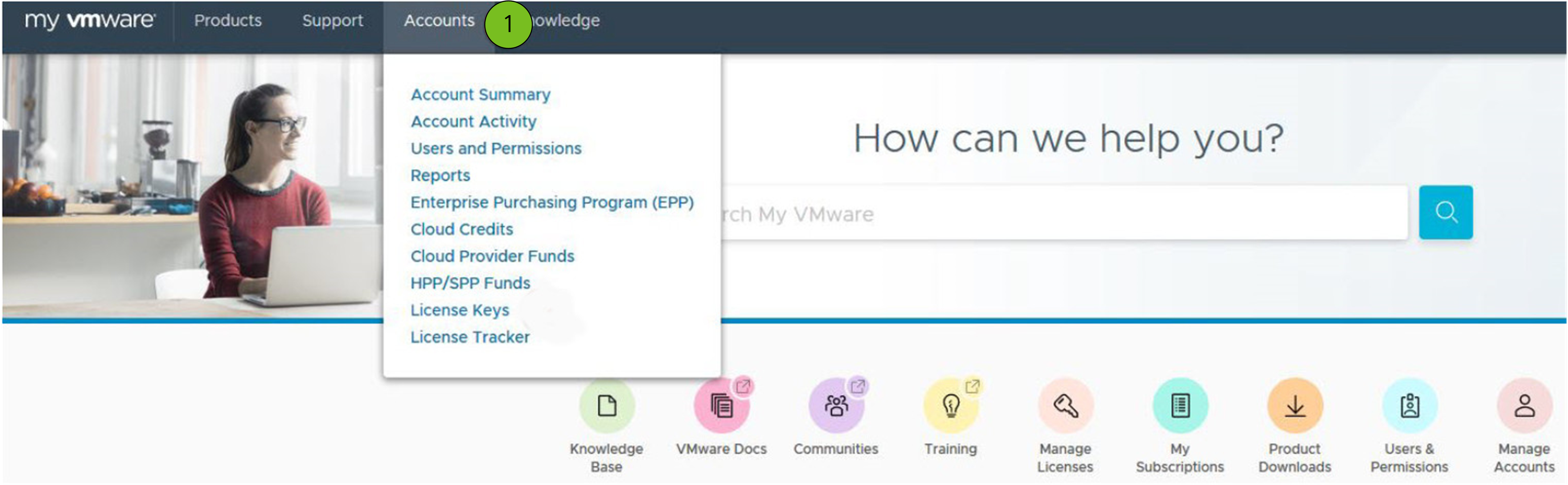 Sitio web: Ruta de menú a Administrar licencia (Manage License) en customerconnect.vmware.com