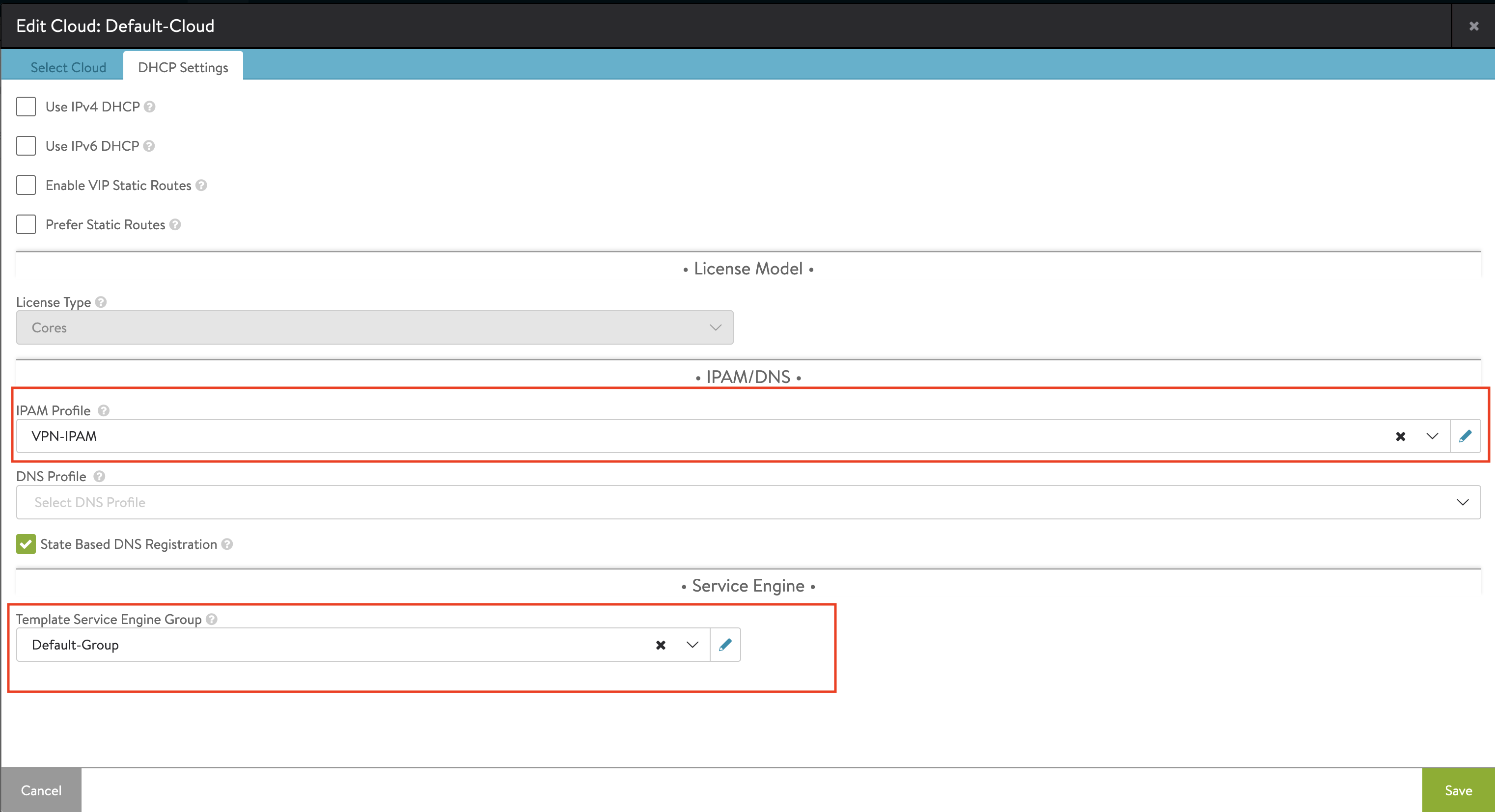 Agregar los perfiles de IPAM y DNS a la nube