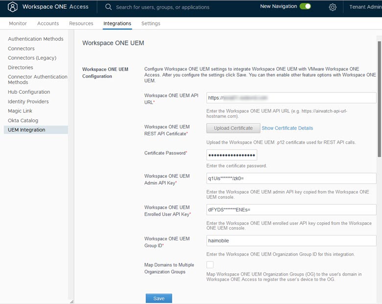 Ejemplo de una página de integración de Workspace ONE UEM configurada en la consola de Workspace ONE Access