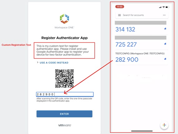 Captura de pantalla del mensaje de registro de la aplicación de autenticador, el código QR y el código de acceso del dispositivo
