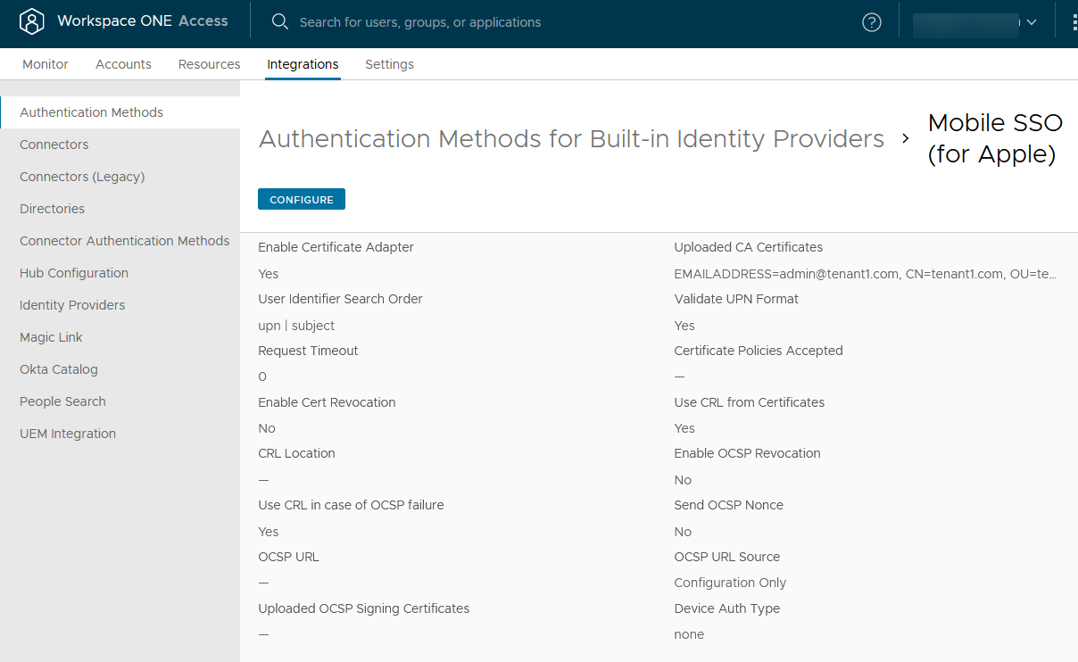 Pantalla de configuración de la autenticación de SSO móvil (para Apple) en la consola de Workspace ONE Access