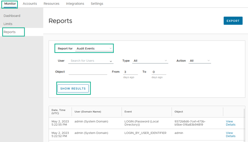 Informe de auditoría de Workspace ONE Access desde la consola de administración.