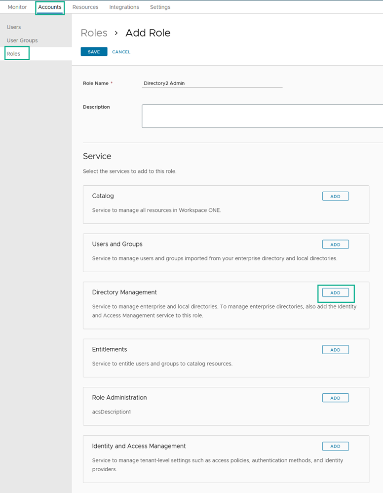 Página Agregar funciones de la consola de Workspace ONE Access