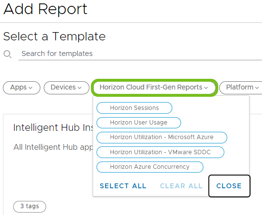 Acceda a plantillas de informes de Horizon para sesiones, uso, Microsoft Azure, VMware SDDC y simultaneidad de Azure.